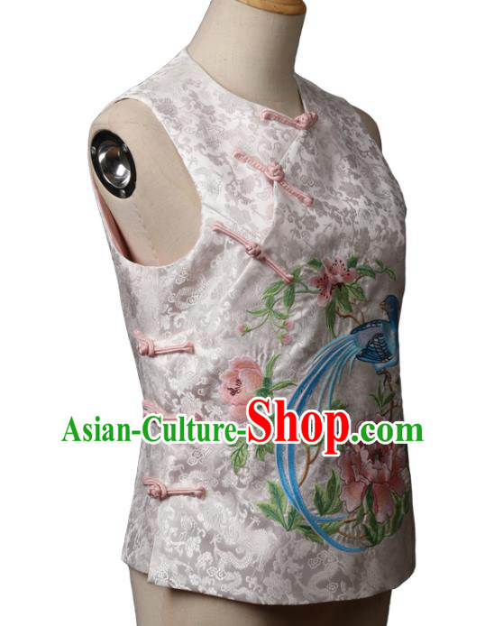 Chinese Traditional Top Garment National Woman White Brocade Vest Costume Tang Suit Embroidered Peony Bird Waistcoat
