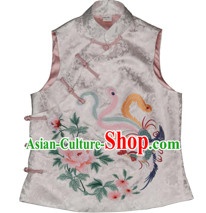 Chinese National Woman Vest Costume Tang Suit Embroidered Phoenix Peony Waistcoat Traditional White Brocade Top Garment