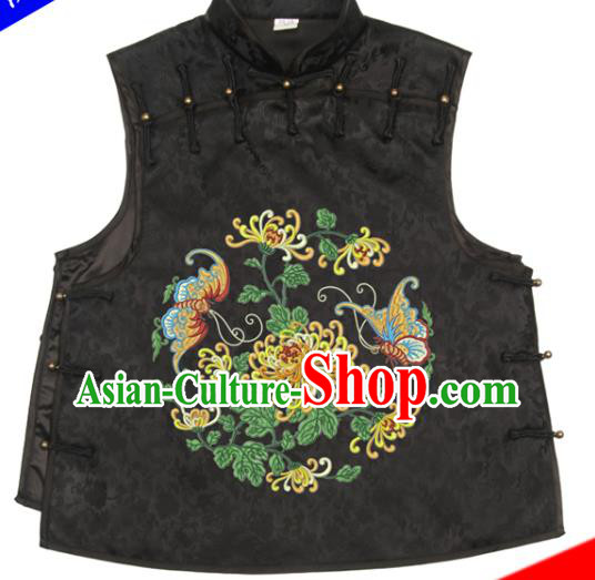Chinese Traditional Black Brocade Top Garment National Woman Vest Costume Tang Suit Embroidered Chrysanthemum Waistcoat