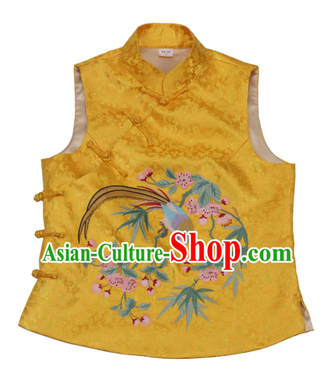 Chinese Traditional Golden Brocade Top Vest Garment Tang Suit Embroidered Begonia Bird Waistcoat