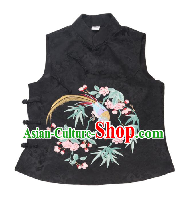 Chinese Tang Suit Embroidered Begonia Bird Waistcoat Traditional Black Brocade Top Vest Garment