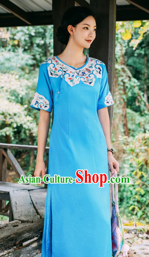 Chinese Traditional Round Collar Qipao Dress Costume National Young Lady Embroidered Blue Cheongsam