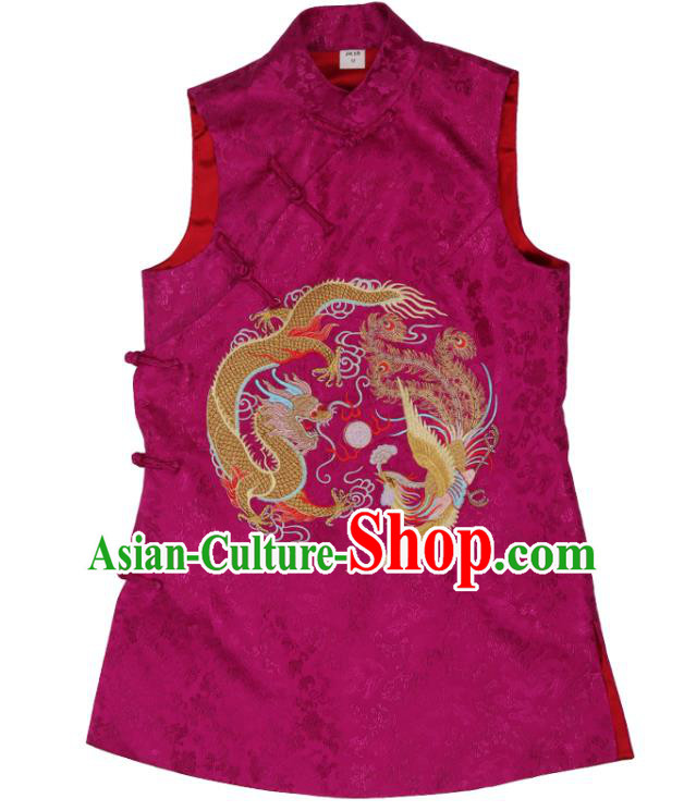 Chinese National Brocade Top Vest Garment Traditional Tang Suit Embroidered Rosy Long Waistcoat