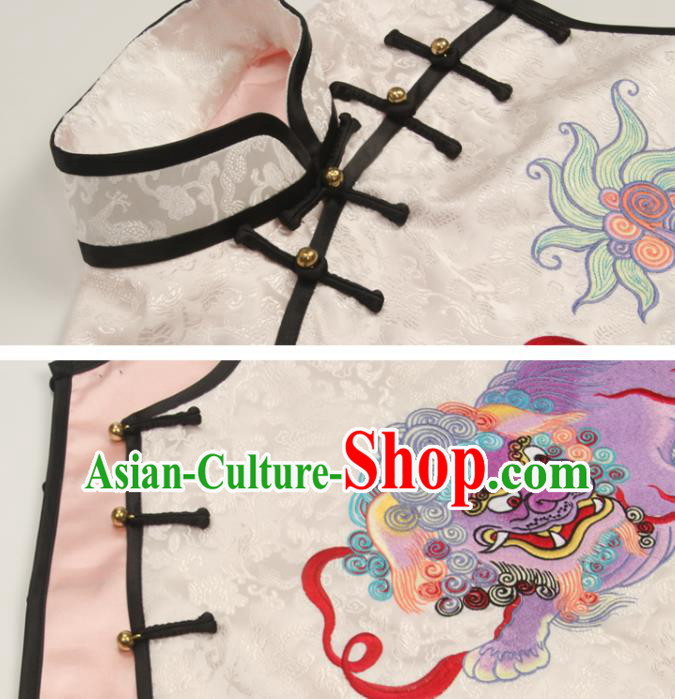Chinese National White Brocade Vest Tang Suit Upper Outer Garment Traditional Embroidered Lion Waistcoat