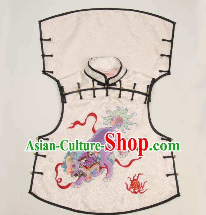 Chinese National White Brocade Vest Tang Suit Upper Outer Garment Traditional Embroidered Lion Waistcoat