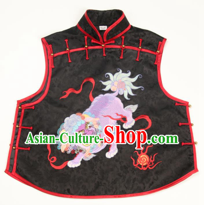 Chinese Traditional Embroidered Lion Waistcoat National Black Brocade Vest Tang Suit Upper Outer Garment