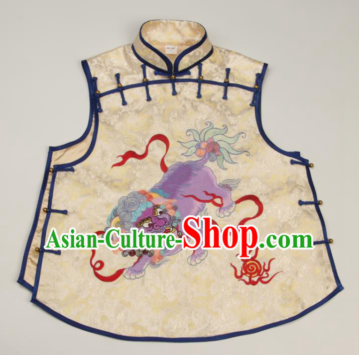 Chinese National Light Golden Brocade Vest Tang Suit Upper Outer Garment Traditional Embroidered Lion Waistcoat