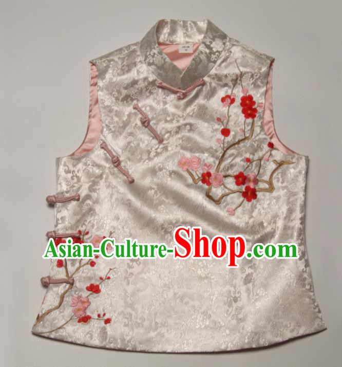 Chinese National White Brocade Vest Tang Suit Upper Outer Garment Traditional Embroidered Plum Blossom Waistcoat