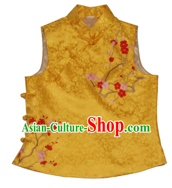 Chinese Traditional Embroidered Plum Blossom Waistcoat National Golden Brocade Vest Tang Suit Upper Outer Garment