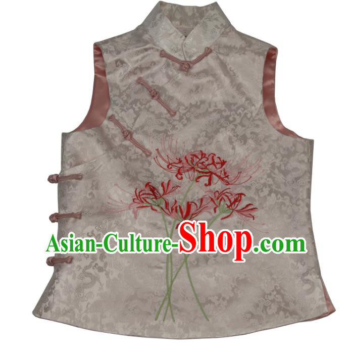 Chinese National White Brocade Vest Tang Suit Upper Outer Garment Traditional Embroidered Manjusaka Waistcoat