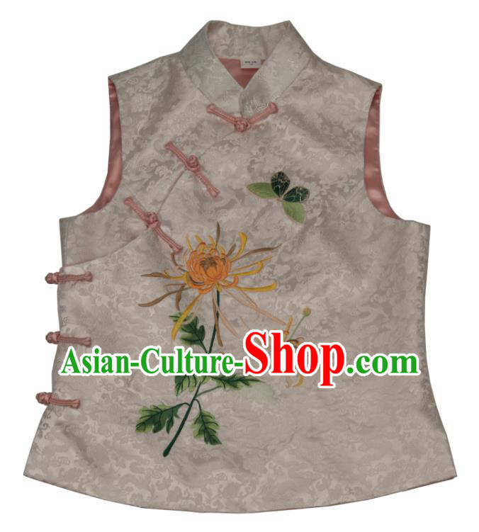 Chinese National Upper Outer Garment Traditional Embroidered Chrysanthemum Waistcoat Tang Suit White Brocade Vest