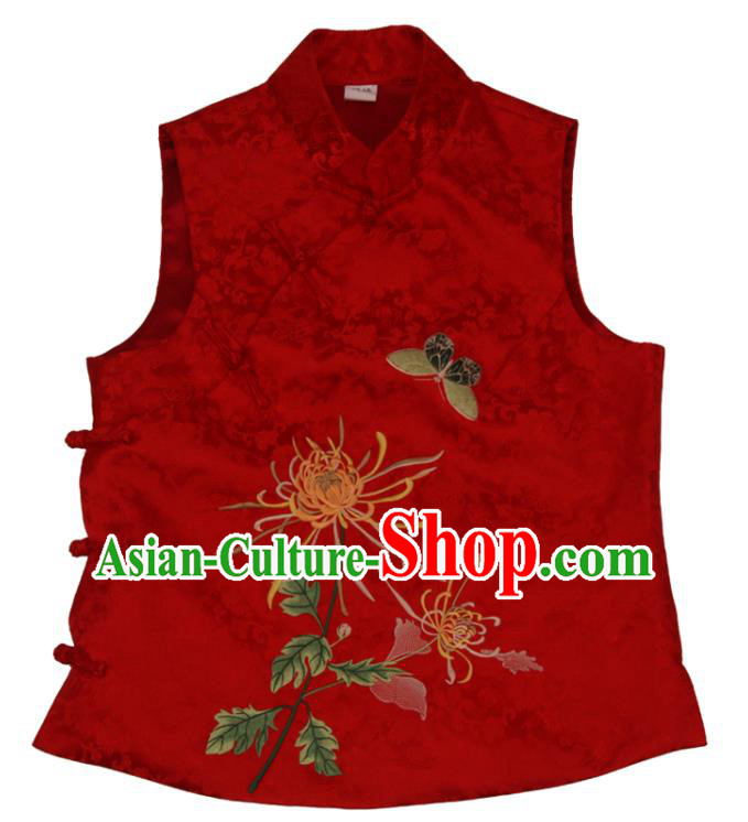 Chinese Tang Suit Red Brocade Vest National Upper Outer Garment Traditional Embroidered Chrysanthemum Waistcoat