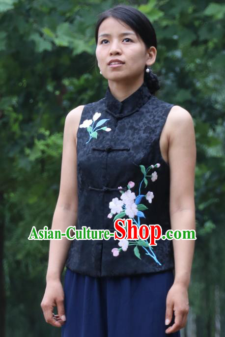 Chinese National Upper Outer Garment Traditional Embroidered Black Brocade Waistcoat Tang Suit Vest