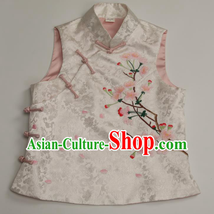 Chinese Tang Suit Vest National Upper Outer Garment Traditional Embroidered White Brocade Waistcoat