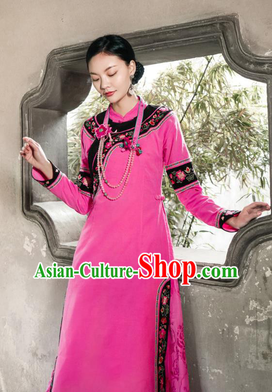 Chinese Traditional Stand Collar Ao Dai Qipao Dress Costume National Young Lady Embroidered Rosy Cheongsam
