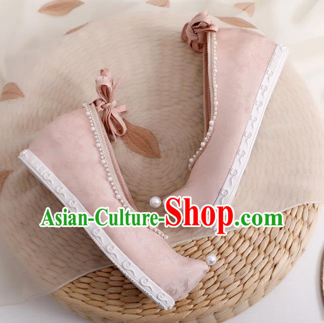 China Handmade Pearls Bow Shoes National Pink Cloth Shoes Traditional Ming Dynasty Hanfu Shoes