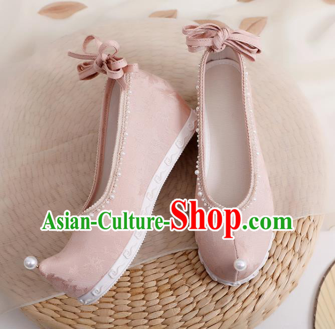 China Handmade Pearls Bow Shoes National Pink Cloth Shoes Traditional Ming Dynasty Hanfu Shoes
