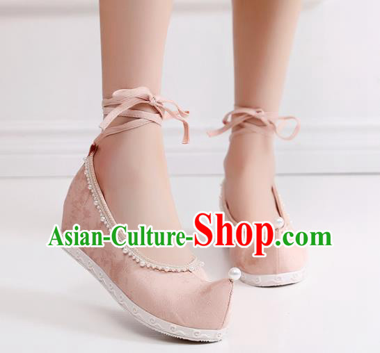 China Handmade Pearls Bow Shoes National Pink Cloth Shoes Traditional Ming Dynasty Hanfu Shoes