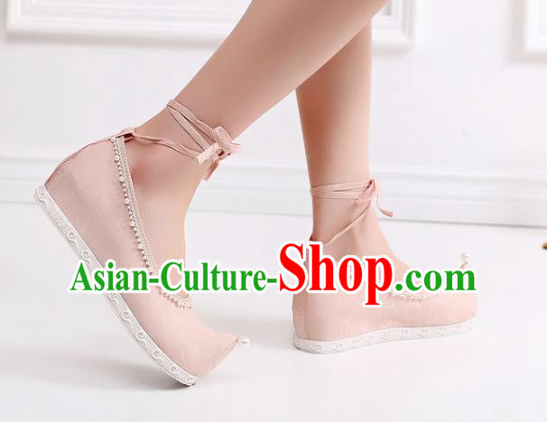 China Handmade Pearls Bow Shoes National Pink Cloth Shoes Traditional Ming Dynasty Hanfu Shoes