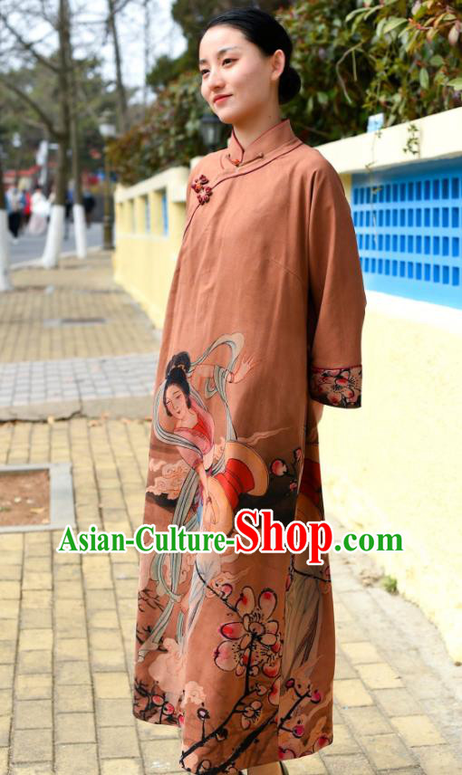 Chinese Traditional Printing Brown Qipao Dress Costume National Young Lady Stand Collar Cheongsam