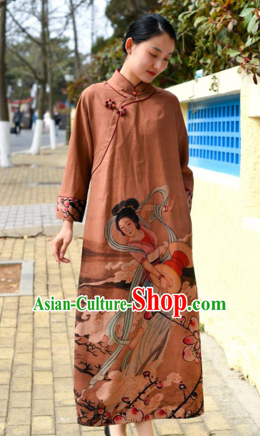 Chinese Traditional Printing Brown Qipao Dress Costume National Young Lady Stand Collar Cheongsam