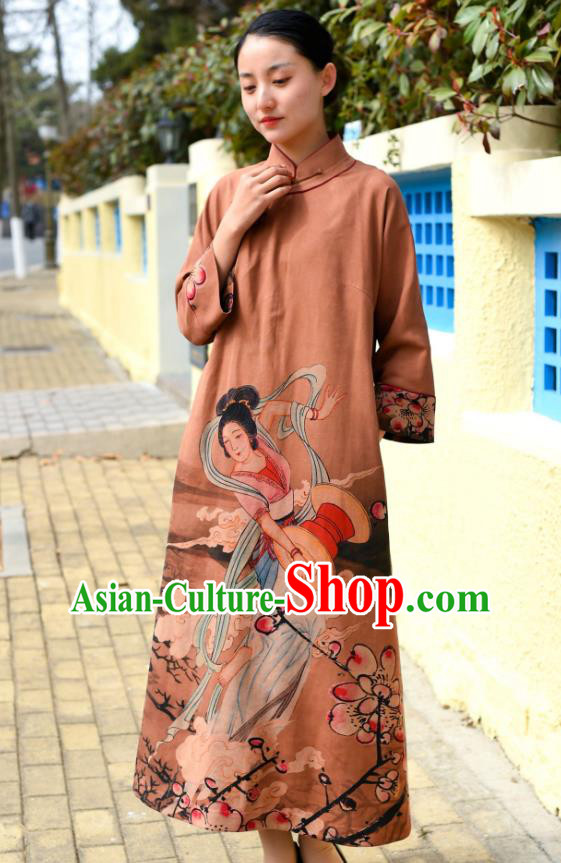 Chinese Traditional Printing Brown Qipao Dress Costume National Young Lady Stand Collar Cheongsam