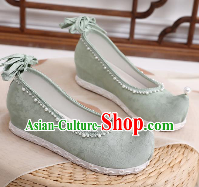 China Traditional Ming Dynasty Hanfu Shoes Handmade Pearls Bow Shoes National Green Cloth Shoes