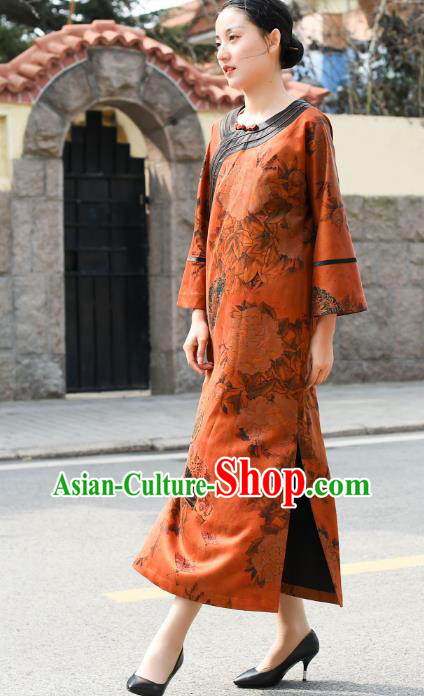 Chinese Traditional Printing Peony Orange Silk Qipao Dress Costume National Young Lady Slant Opening Cheongsam