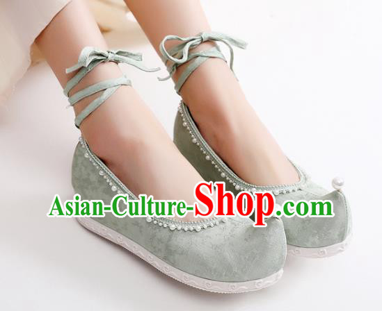 China Traditional Ming Dynasty Hanfu Shoes Handmade Pearls Bow Shoes National Green Cloth Shoes