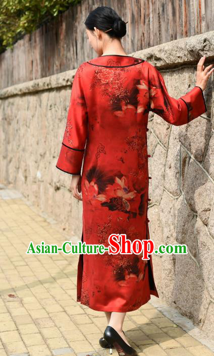 Chinese Traditional Printing Lotus Qipao Dress Costume National Young Lady Red Silk Cheongsam