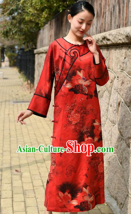 Chinese Traditional Printing Lotus Qipao Dress Costume National Young Lady Red Silk Cheongsam