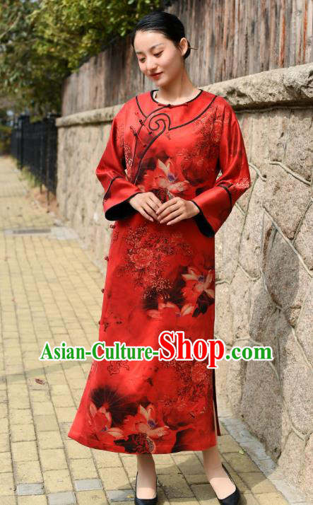 Chinese Traditional Printing Lotus Qipao Dress Costume National Young Lady Red Silk Cheongsam