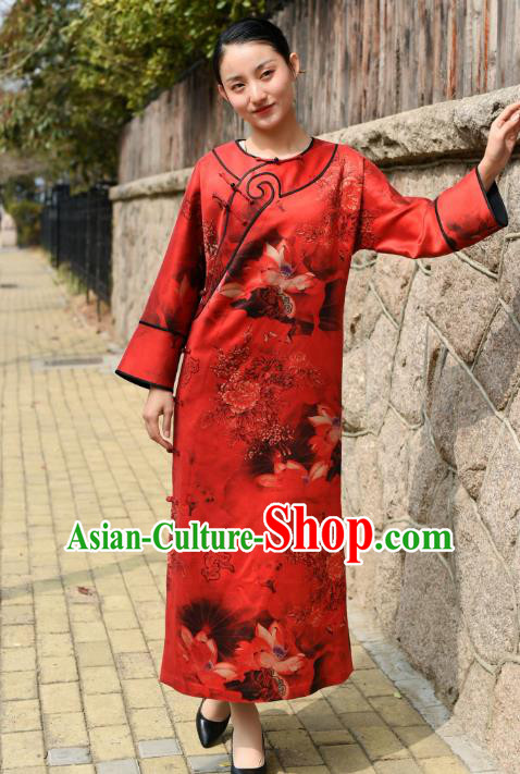 Chinese Traditional Printing Lotus Qipao Dress Costume National Young Lady Red Silk Cheongsam