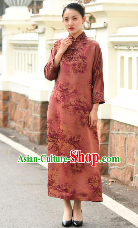 Chinese Traditional Printing Flowers Qipao Dress Costume National Young Lady Brown Cheongsam
