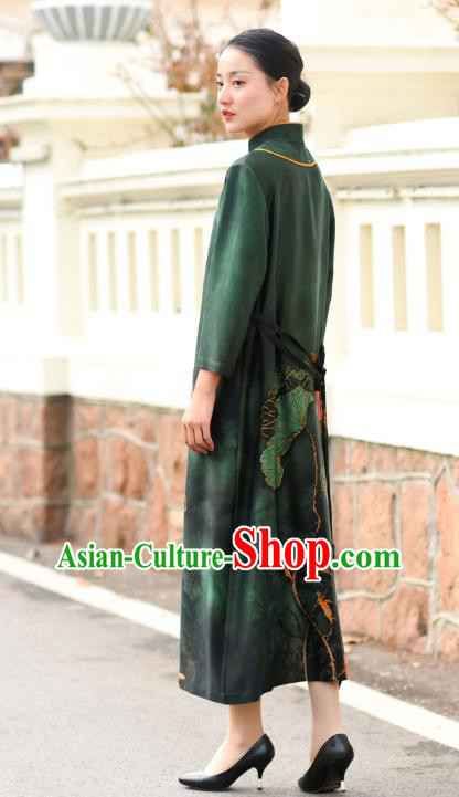Chinese Traditional Printing Lotus Qipao Dress Costume National Young Lady Deep Green Silk Cheongsam