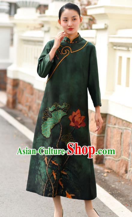 Chinese Traditional Printing Lotus Qipao Dress Costume National Young Lady Deep Green Silk Cheongsam