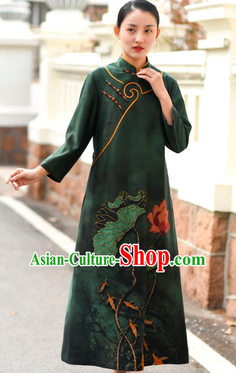 Chinese Traditional Printing Lotus Qipao Dress Costume National Young Lady Deep Green Silk Cheongsam