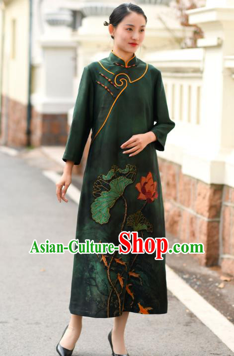 Chinese Traditional Printing Lotus Qipao Dress Costume National Young Lady Deep Green Silk Cheongsam