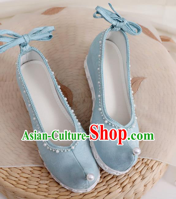 China National Blue Cloth Bow Shoes Traditional Ming Dynasty Princess Shoes Handmade Hanfu Pearls Shoes
