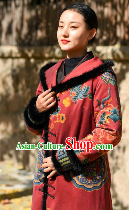 China Traditional Red Cotton Wadded Coat National Woman Outer Garment Clothing Tang Suit Greatcoat