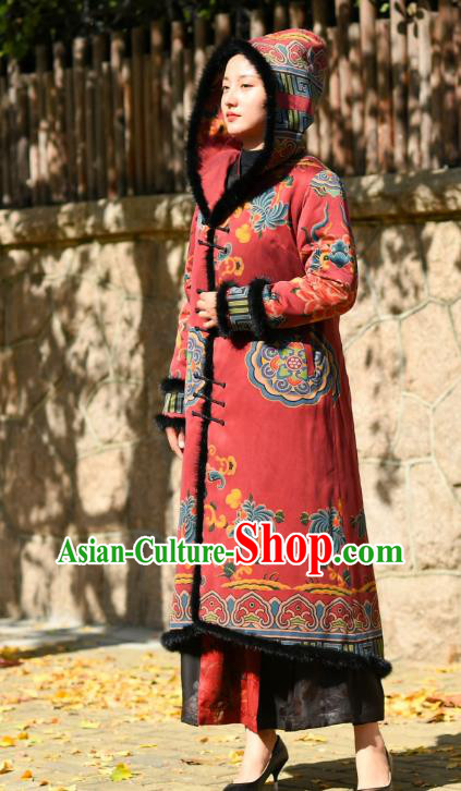China Traditional Red Cotton Wadded Coat National Woman Outer Garment Clothing Tang Suit Greatcoat