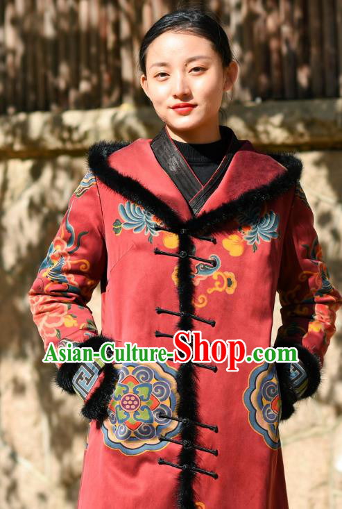 China Traditional Red Cotton Wadded Coat National Woman Outer Garment Clothing Tang Suit Greatcoat