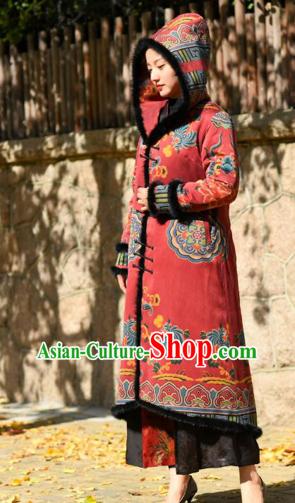 China Traditional Red Cotton Wadded Coat National Woman Outer Garment Clothing Tang Suit Greatcoat