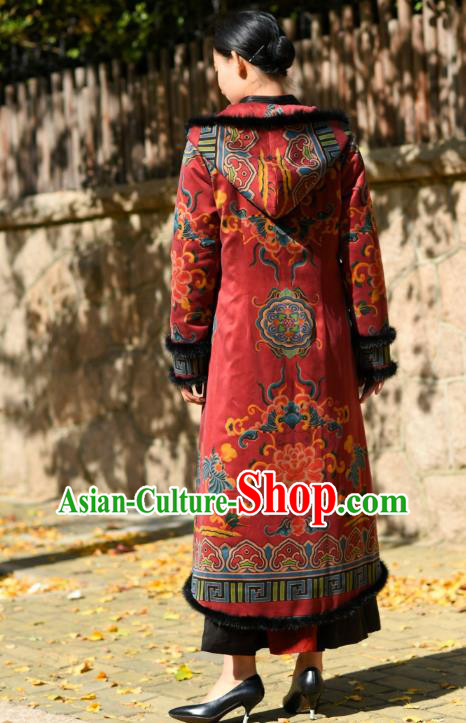 China Traditional Red Cotton Wadded Coat National Woman Outer Garment Clothing Tang Suit Greatcoat