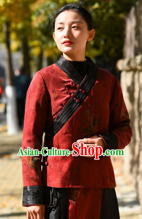 China National Woman Outer Garment Clothing Tang Suit Greatcoat Traditional Red Silk Cotton Wadded Jacket