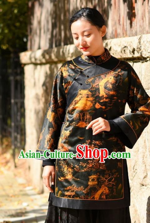 China Tang Suit Greatcoat Traditional Black Silk Cotton Wadded Jacket National Woman Outer Garment Clothing