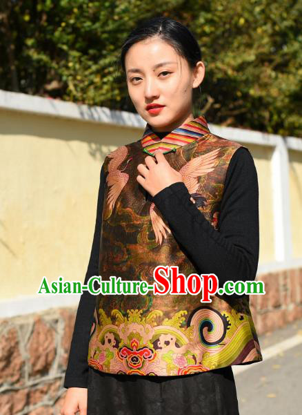 Chinese National Woman Upper Outer Garment Traditional Gambiered Guangdong Gauze Clothing Tang Suit Brown Vest