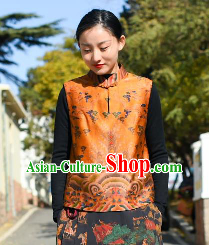 Chinese Tang Suit Golden Silk Vest National Woman Upper Outer Garment Traditional Waistcoat Clothing