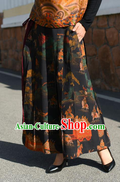 China National Gambiered Guangdong Gauze Skirt Traditional Woman Printing Black Silk Skirt Costume