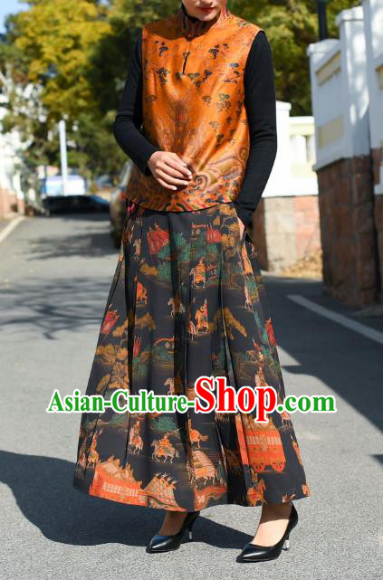 China National Gambiered Guangdong Gauze Skirt Traditional Woman Printing Black Silk Skirt Costume